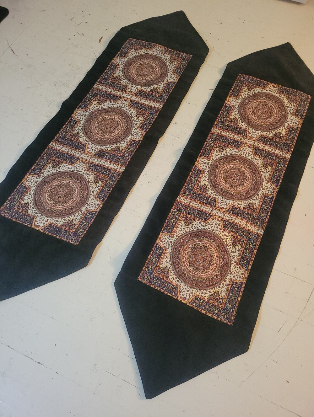 Bohemian Medallion Table Runner Pair With Black Velvet Border